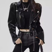 新款 超辣 外贸炫酷黑辣妹露腰皮衣短款 甜辣性感ins风个性 帅气法式