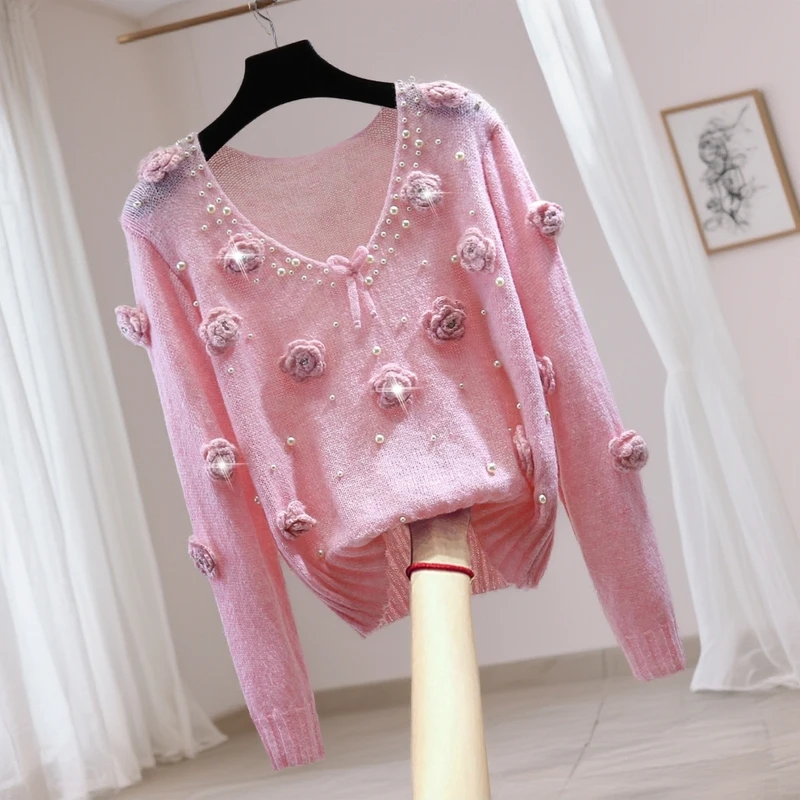 钉珠镶钻V领蝴蝶结针织毛衣女