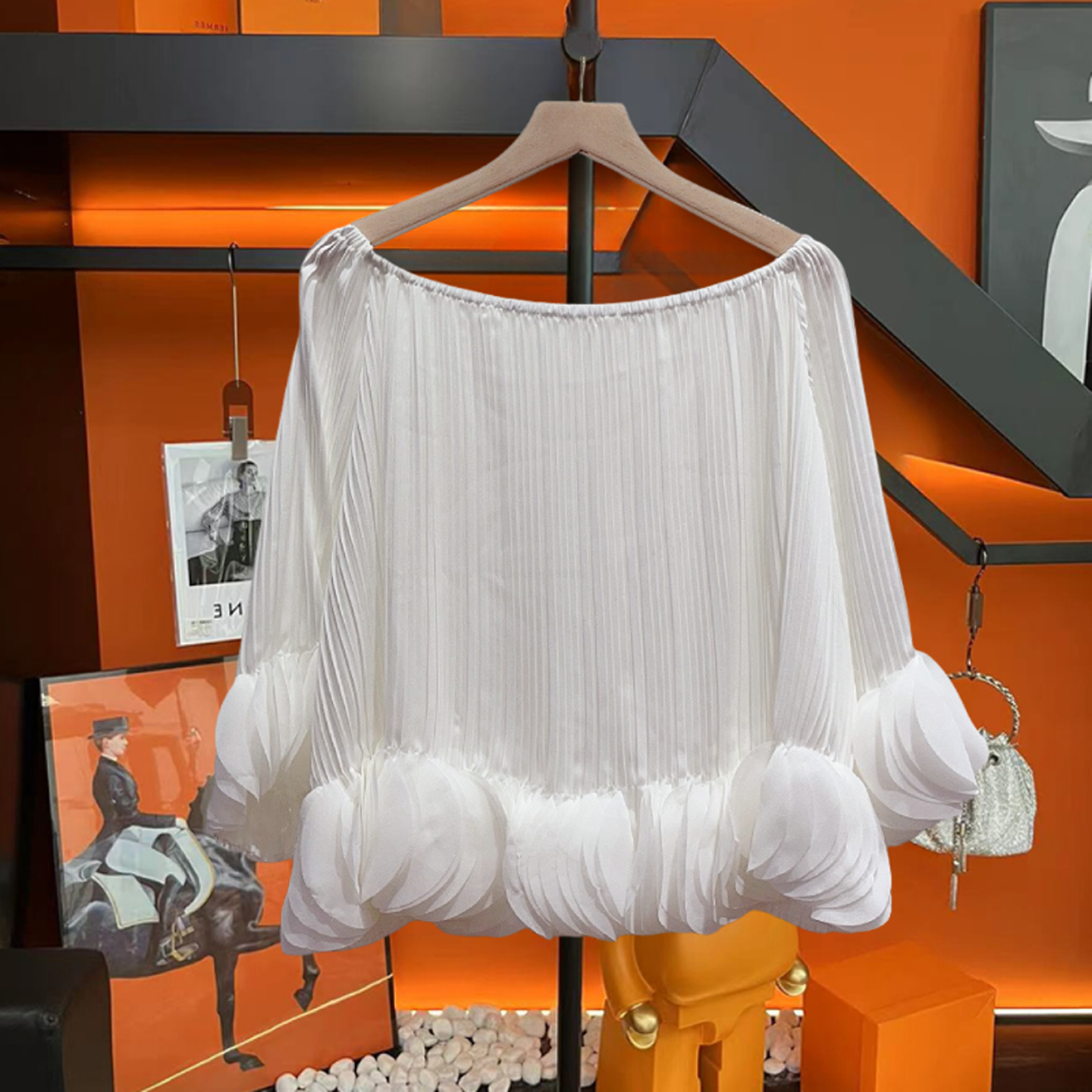 百褶手工高级花瓣拼接雪纺衫