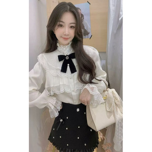 法式荷叶边半高领白衬衫女春季蝴蝶结系带喇叭袖气质上衣
