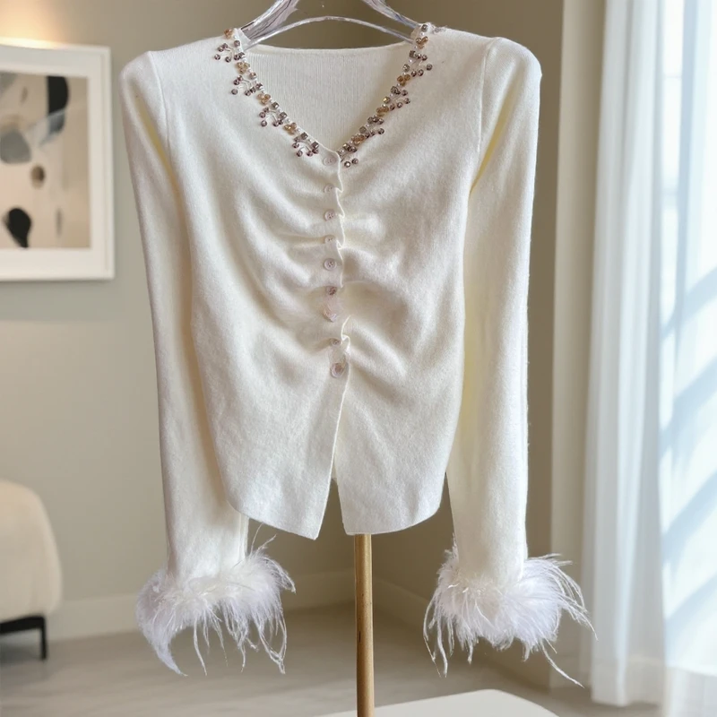 鸵鸟毛长袖针织衫水钻褶皱打底衫