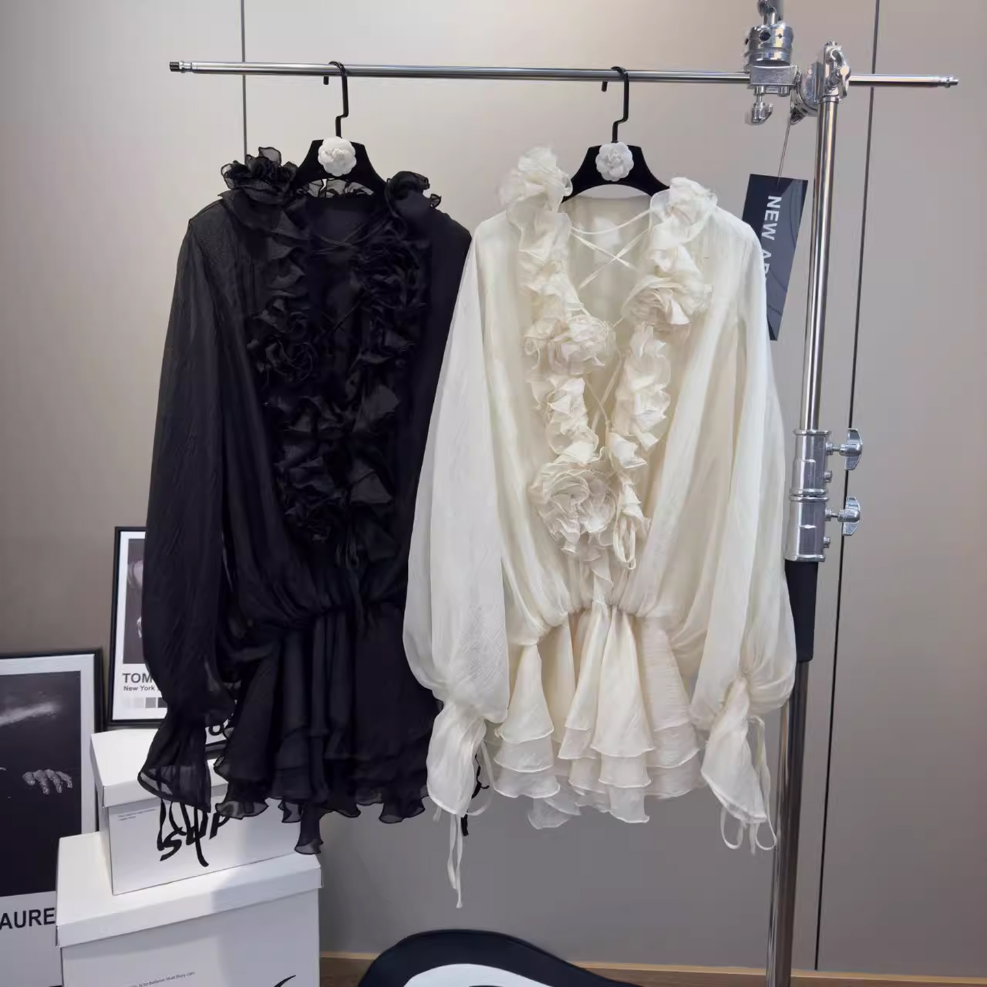 式风立体花朵灯笼袖连衣裙雪纺裙