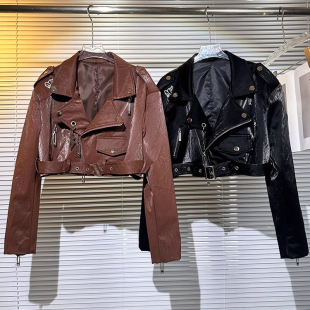 暗黑辣妹风刺绣漆皮设计感PU皮衣短外套女春季 机车服夹克 新款