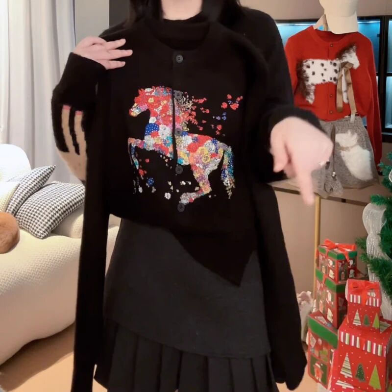 2026新款秋冬印花开衫休闲时尚百搭显瘦毛衣长袖马年针织衫上衣女,女装/女士精品,毛针织衫,淘宝优惠券,粉丝福利购,淘宝优惠卷