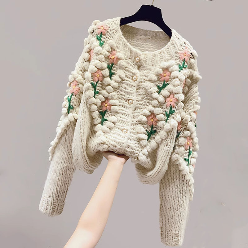 秋季复古花朵绣花毛衣开衫女宽松温暖厚实重工球球手工针织衫小众