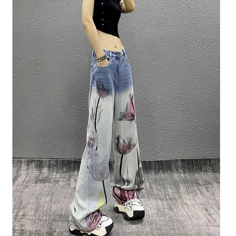 洋气水墨印花拼色休闲牛仔裤女秋新款高腰宽松显瘦百搭直筒阔腿裤