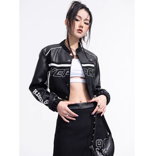美式 街头酷飒撞色皮衣拼接字母刺绣棒球服女宽松帅气夹克外套