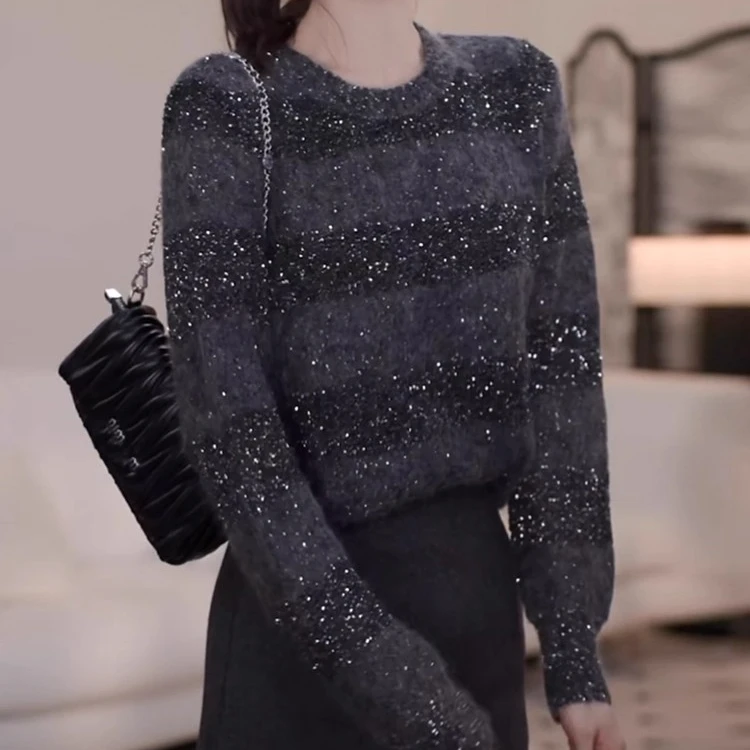 慵懒风软糯宽松亮片针织衫上衣