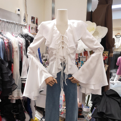 衬衫女荷叶边V领系带防晒上衣潮