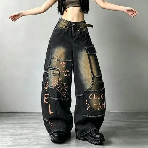 美式复古重磅彩印腰带挂饰牛仔裤