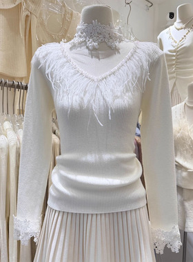 秋冬新款重工时尚设计感仙仙羽毛纱纱拼接修身显瘦针织上衣