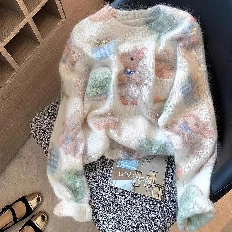 气质印花钉珠软糯马海毛毛衣女