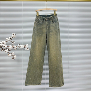 高腰宽松百搭阔腿裤 时尚 春装 女潮2026年新款 ins重工烫钻牛仔长裤