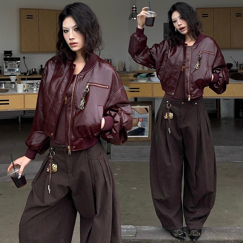 美式复古横拉链挂饰PU皮衣棒球服