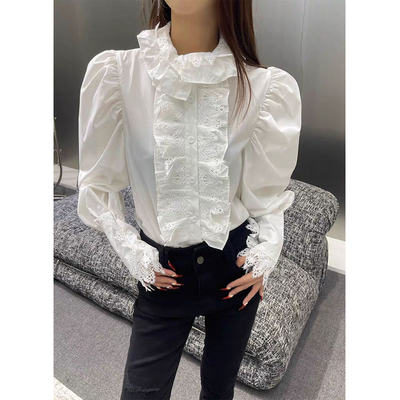 宽松高级感长袖蕾丝木耳花边衬衫