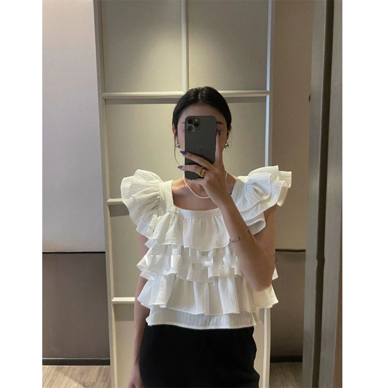 高腰型套头无袖雪纺荷叶边衬衫