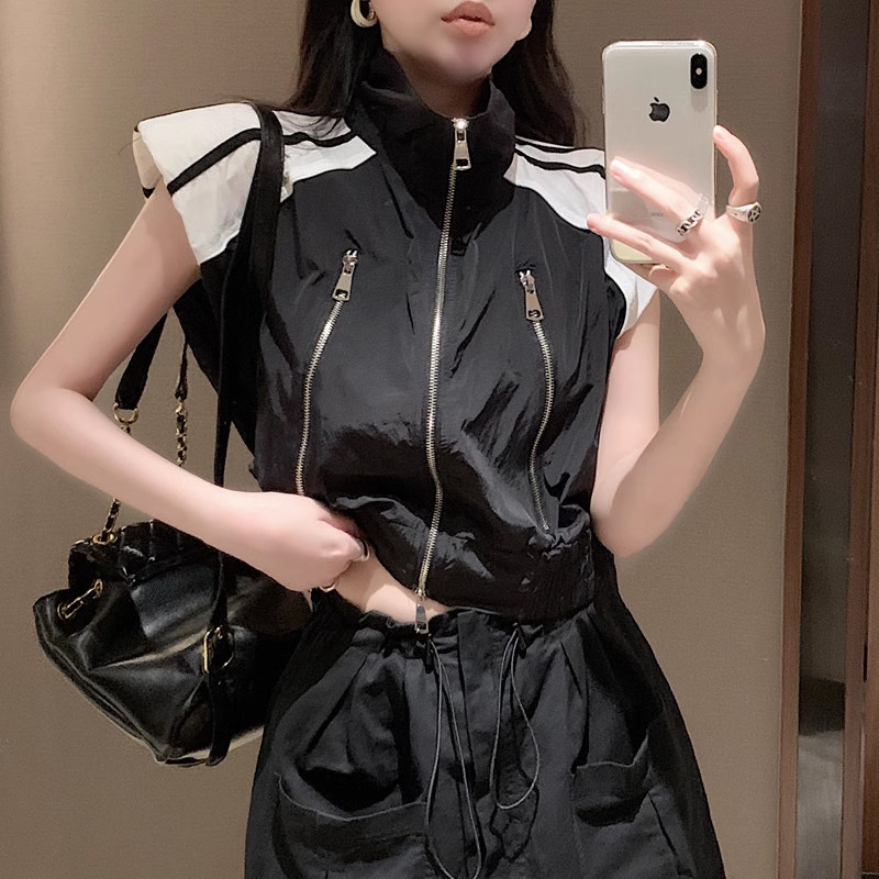 美式甜酷小众辣妹撞色条纹垫肩工装马甲背心女夏坎肩短款外套上衣