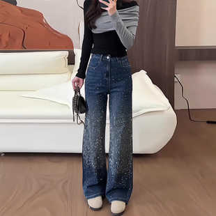 美式高街蓝色烫钻阔腿牛仔裤女2026新款春款时尚小个子巨好看裤子