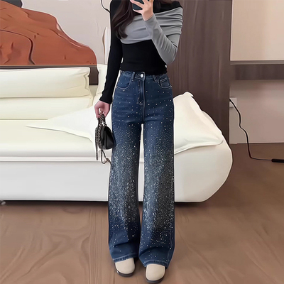 美式高街蓝色烫钻阔腿牛仔裤女