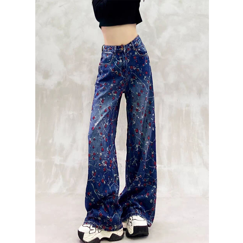 拼色提花设计水洗休闲牛仔裤女秋新款高腰宽松显瘦百搭直筒阔腿裤