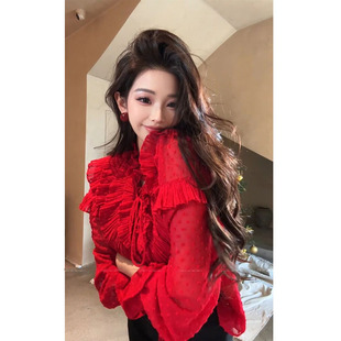 韩国东大门2026早春新款洋气百搭荷叶边长袖衬衫女设计感小众上衣