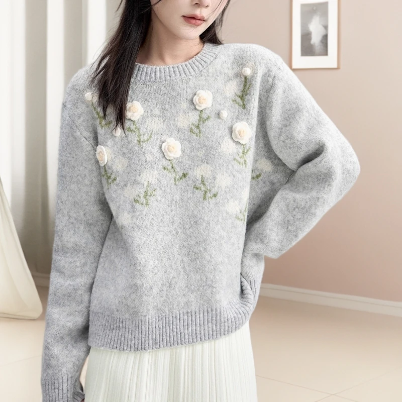 长袖毛衣女装温柔圆领套头针织