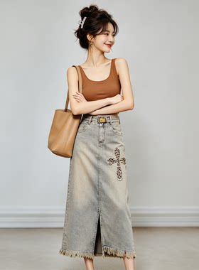 原创定制时尚复古休闲女款高腰牛仔半身裙长款洋气后开叉显瘦裙子