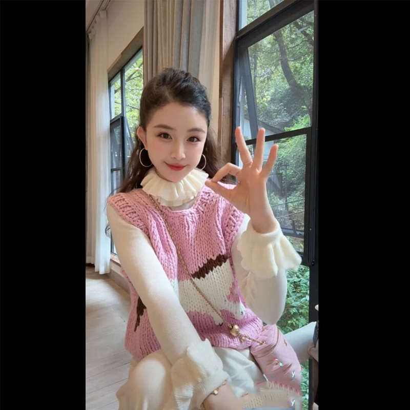 粉色针织无袖毛衣马甲背心女秋