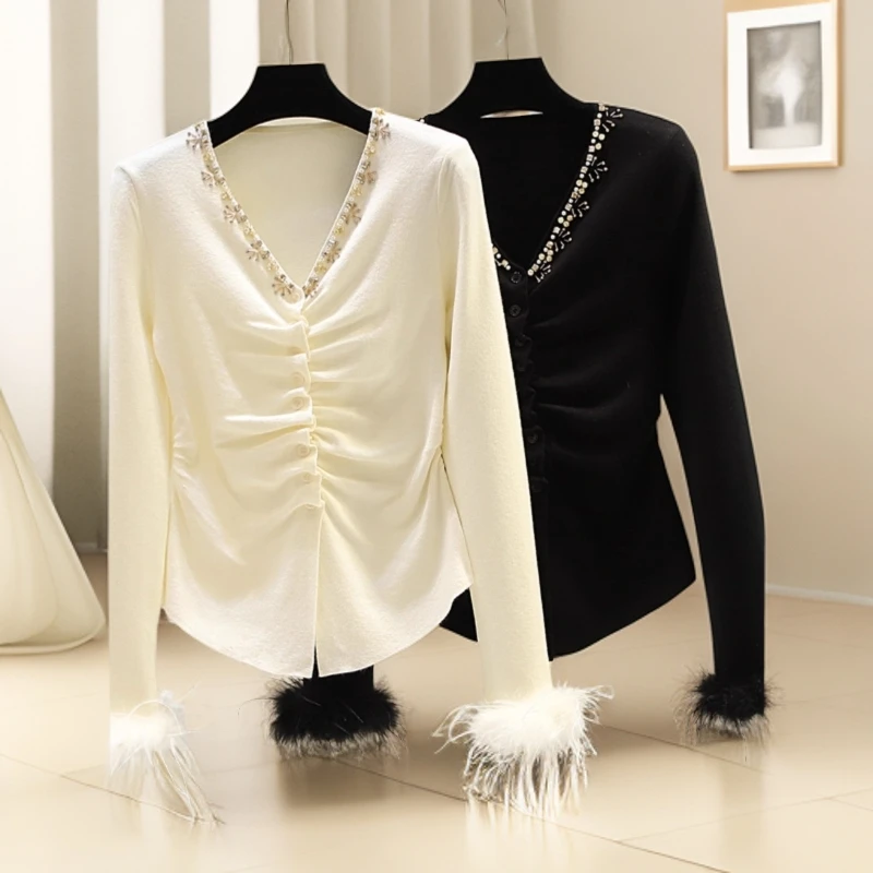 纯欲V领镶钻拼接鸵鸟毛毛针织衫