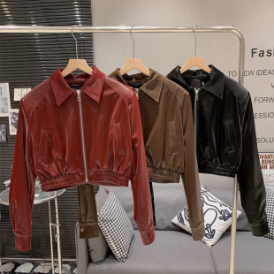 复古红色翻领pu皮衣外套女春季 港风休闲气质夹克 2026新款