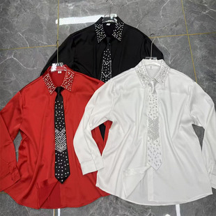 法式设计感镶钻配领带白色衬衫女2026年春季重工洋气内搭上衣外套