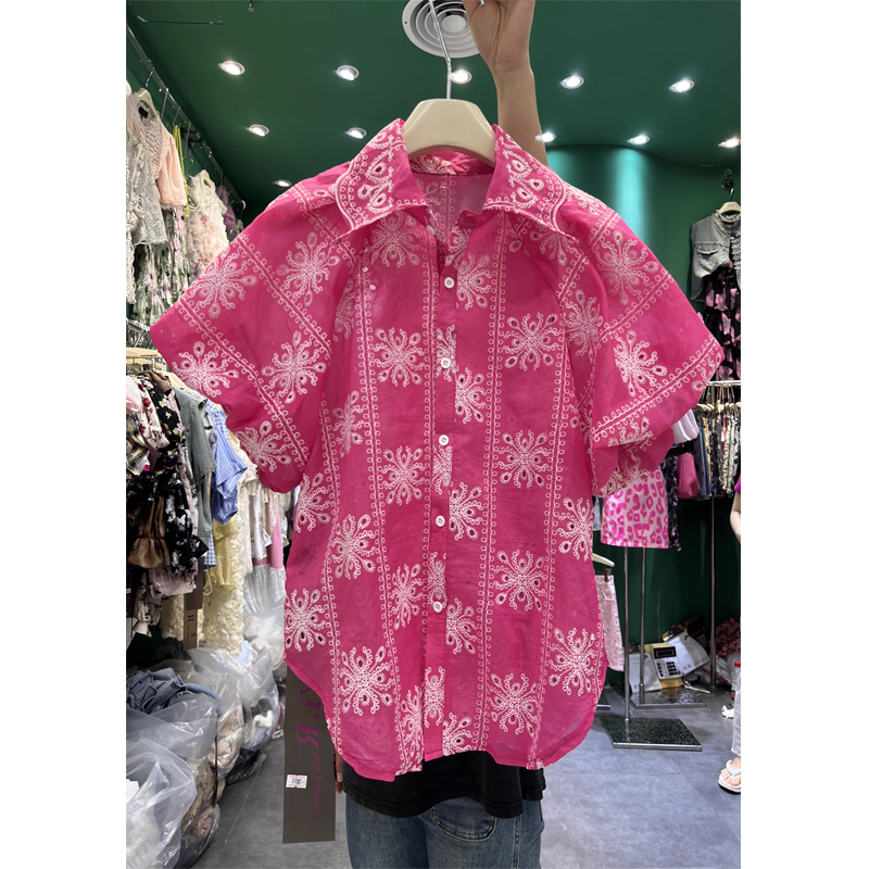 宽松百搭单排扣短袖刺绣镂空衬衫