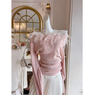 法式纯欲手工立体花朵毛针织衫女2026年春季新款甜美露肩长袖上衣