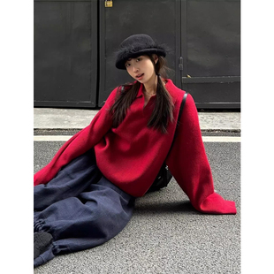 新年穿搭红色毛衣女新款 慵懒风宽松上衣 纯色polo领针织衫 美式