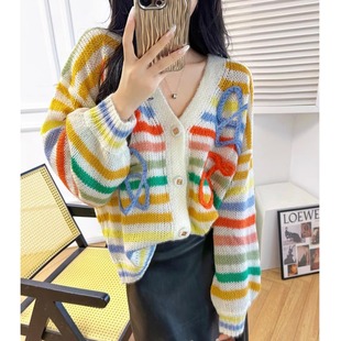 十三行彩色条纹毛线开衫上衣女2026春季新款V领宽松外套欧货毛衣