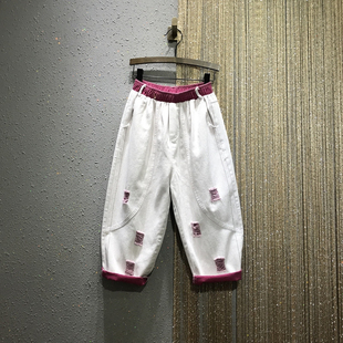 彩色破洞高腰宽松阔腿牛仔九分哈伦老爹裤 个性 女潮 新款 欧洲站秋装