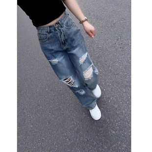 破洞水洗阔腿裤女春款小众设计感直筒宽松裤子显瘦牛仔裤