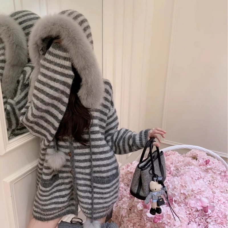 慵懒风连帽条纹毛领针织开衫毛衣