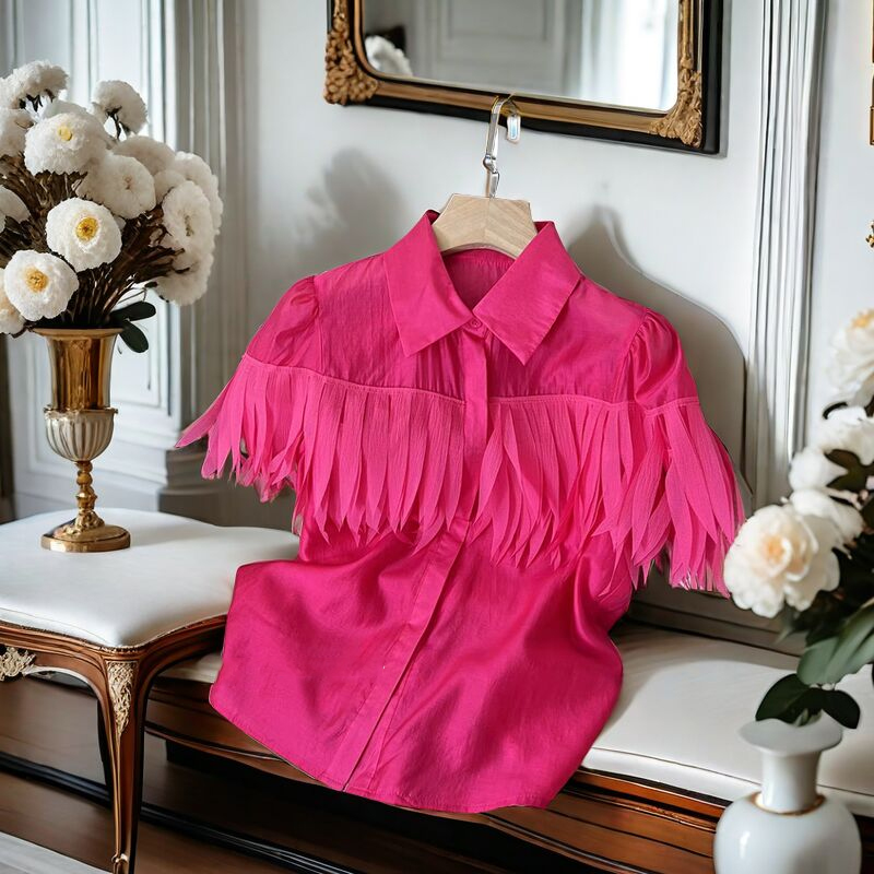 宽松单排扣短袖雪纺拼接流苏衬衫