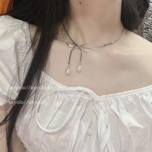 xxyolo 气质珍珠蝴蝶结项链女夏设计感小众锁骨链choker 白月光pu