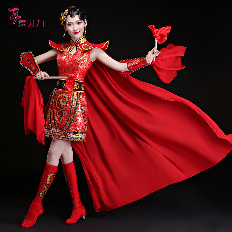 打鼓服演出服中国风花木兰演出服装水鼓舞舞蹈服装女披风定制儿童_虎窝淘