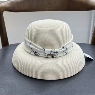 经典复古圆顶草帽中国风水墨印花灯罩草帽女夏海边法式太阳帽礼帽