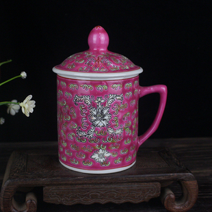 手绘洋莲办公室茶杯景德镇粉彩万寿无疆茶杯老式水杯厂货文革旧货