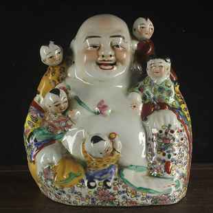 景德镇陶瓷手工雕刻绘画五子登科佛笑口弥勒佛多子佛客厅供奉摆件