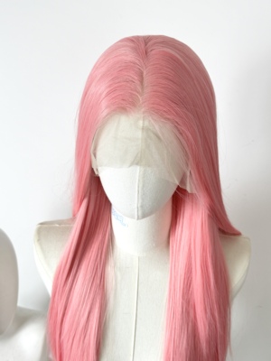 胭脂浅红色手钩前额蕾丝手钩假发cos毛胚万用高温丝假发随意分缝