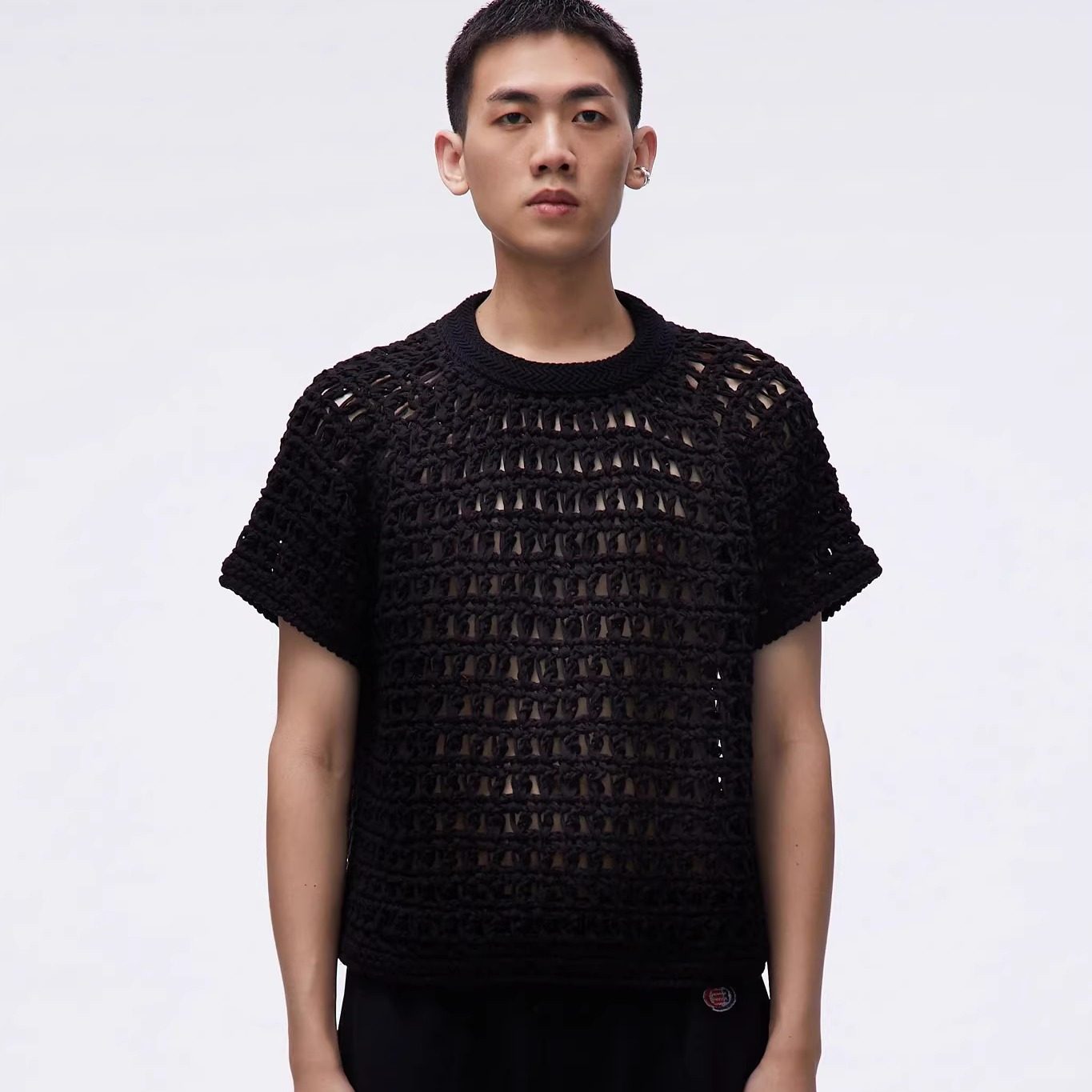 HJKGF多巴胺风黑色镂空钩织短袖针织衫男夏季薄款圆领套头休闲,男装,针织衫/毛衣,淘宝优惠券,粉丝福利购,淘宝优惠卷