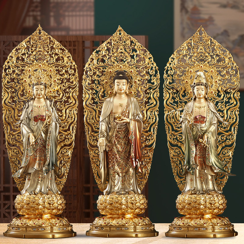 西方三圣纯铜摆件台湾纯铜掐丝珐琅镶金大号阿弥陀佛观音菩萨佛像