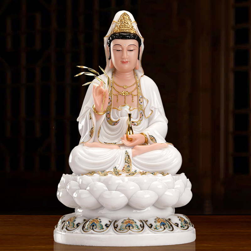 圆通佛具汉白玉观音佛像供奉家用娑婆三圣观世音菩萨像装饰品摆件