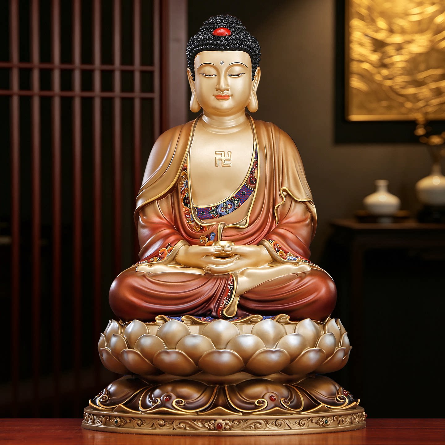 台湾纯铜释迦牟尼佛坐像家用供奉阿弥陀佛像三宝佛药师佛铜像摆件