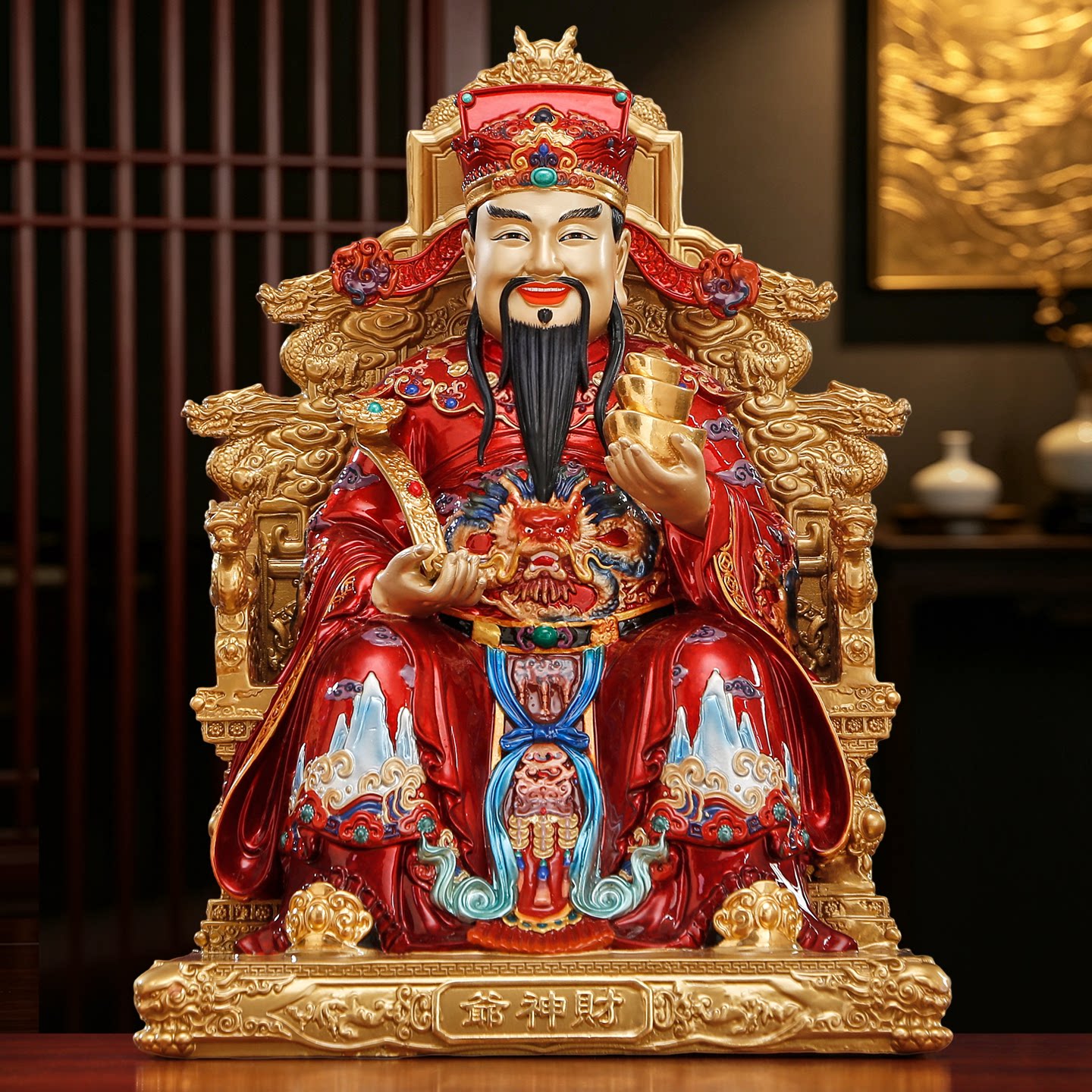 纯铜贴金彩绘龙椅财神爷供奉神像